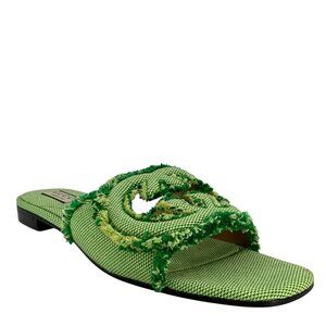 Gucci Fringed Canvas Interlocking G Slides Size 10.5